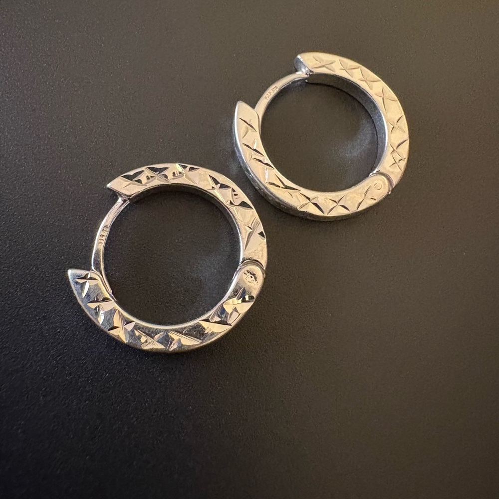 Solid Heavy Sterling Silver Diamond Cut Hoops made in Italy